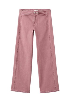 Jeans de pierna ancha en color rosa, hechos de mezclilla, con cierre de botón, ligera textura y detalles de costura visibles a lo largo de los lados.