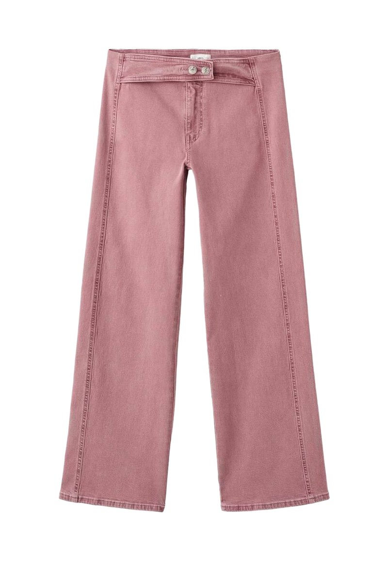 Jeans de pierna ancha en color rosa, hechos de mezclilla, con cierre de botón, ligera textura y detalles de costura visibles a lo largo de los lados.