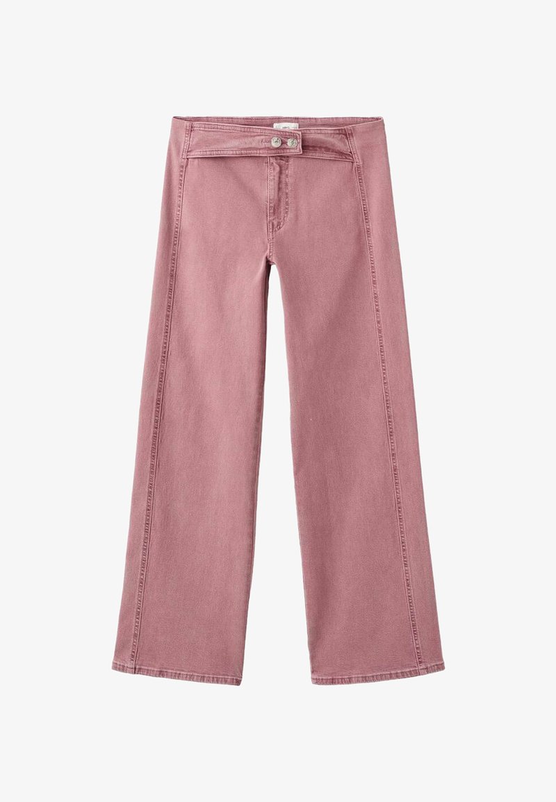 Roza široke jeans hlače iz denima, z gumbom za zapiranje, rahlo teksturo in vidnimi šivi po straneh.