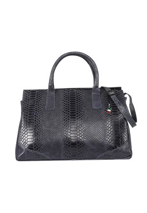 Black textured leather handbag with top handles, an adjustable shoulder strap, and a small tag featuring the Italian flag colors.
