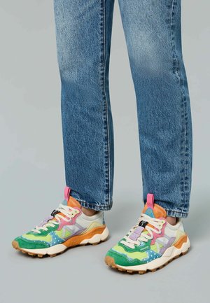 Colorful sneakers with a mix of materials, including mesh and suede, featuring green, blue, pink, and orange accents, and a textured sole.
