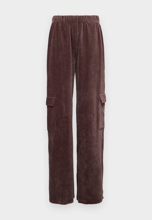 Καφέ καμπάνες cargo από κορδούρα με χαλαρή εφαρμογή, που διαθέτουν ελαστική μέση και δύο πλευρικές τσέπες στο ύψος του μηρού. Κάθετη ραβδωτή δομή.