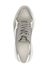 Gray sneakers with a mix of smooth leather and suede textures. Features white accents, round toe, lace-up design, and padded collar.