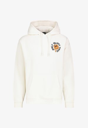 Cremefarbener Hoodie aus weichem Stoff mit einer Fronttasche, Kordelzugkapuze und einem runden Grafikaufdruck mit orangefarbenen Akzenten auf der Brust.