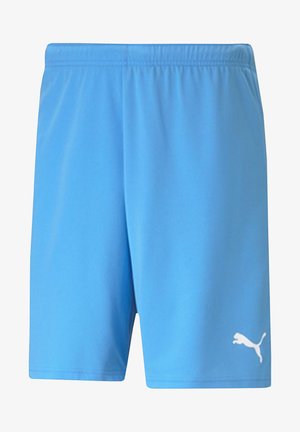 Helles blaufarbene Sporthose aus glattem Stoff, mit einem elastischen Bund und einem weißen Puma-Logo auf der linken unteren Seite.