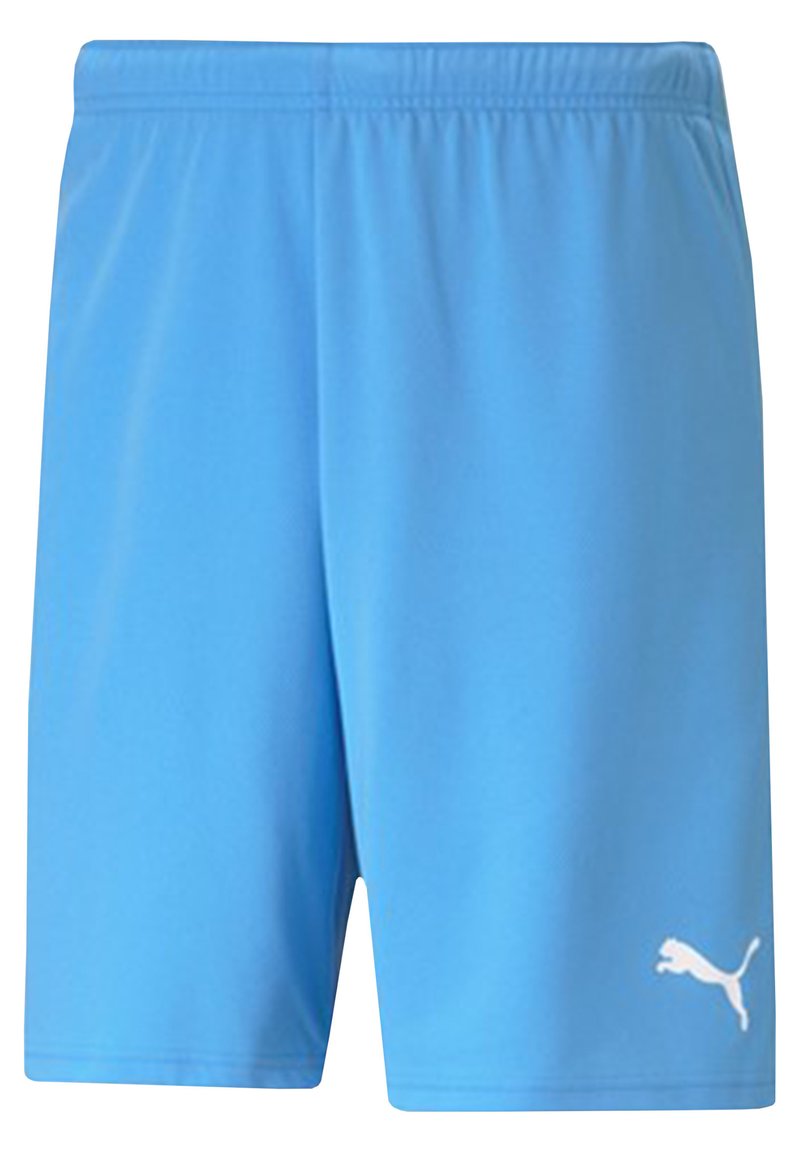 Helles blaufarbene Sporthose aus glattem Stoff, mit einem elastischen Bund und einem weißen Puma-Logo auf der linken unteren Seite.