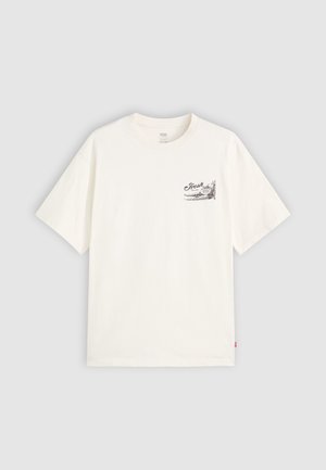 Witte t-shirt met korte mouwen van katoen, voorzien van een zwarte grafische afbeelding op de linker borst met het woord "Fresh."