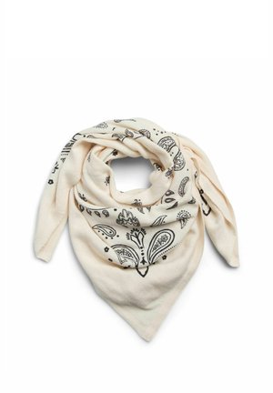 Foulard triangulaire crème à motifs cachemire noirs, drapé en plis sur un fond blanc.