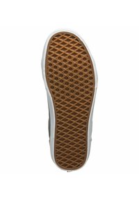 Suela de zapatilla de goma con un patrón de diamante, que presenta una combinación de colores marrón y blanco. Texturizada para mejorar la tracción y la durabilidad.
