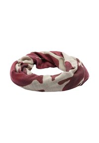 Okrągły szalik z wzorem w kamuflażu w kolorze burgundowym i beżowym. Wykonany z miękkiego, lekkiego materiału. Gładka tekstura.