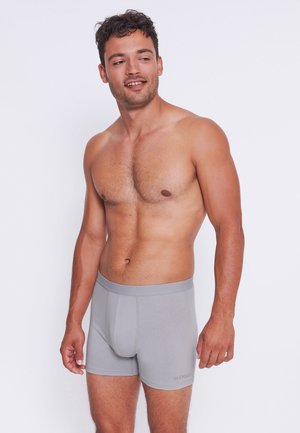 Boxer in grigio realizzati in un tessuto morbido e elastico. Presentano un comodo elastico in vita e una vestibilità aderente, con un logo del marchio discreto sul lato.