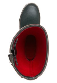 Black waterproof boot with a smooth exterior, red interior, rounded toe, and a side tab for easy wear. Designed for durability and comfort.