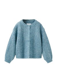 Cardigan tricoté bleu clair avec un motif en chevrons, col rond, manches larges et quatre boutons sur le devant.