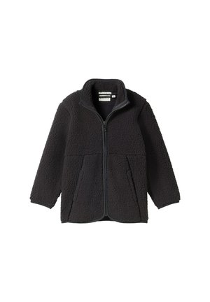 Veste en polaire noire avec un col haut, fermeture éclair avant et deux grandes poches avant. La texture est douce et légèrement duveteuse.