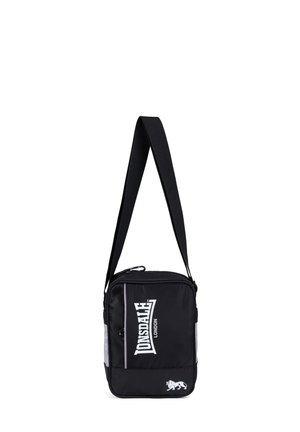 Sac à épaule noir Lonsdale London avec logo blanc, fermeture éclair et sangle réglable, présenté sur fond blanc.