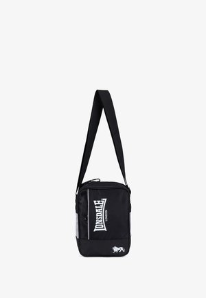 Sac à épaule noir Lonsdale London avec logo blanc, fermeture éclair et sangle réglable, présenté sur fond blanc.