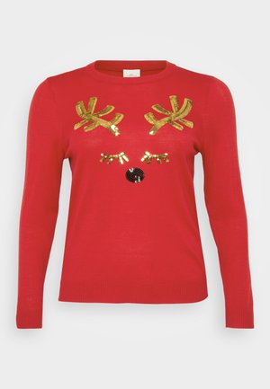 Sweater vermelho de malha com chifres de rena em lantejoulas douradas, nariz em lantejoulas pretas e detalhes de pestanas douradas na parte da frente. Gola redonda, mangas longas.