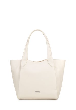 White leather tote bag with padded handles, a structured shape, smooth texture, and a subtle embossed logo on the front.