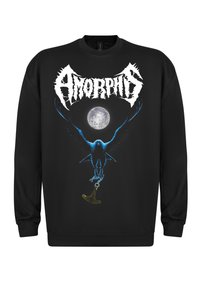 Sudadera negra con un diseño gráfico de un pájaro sosteniendo un martillo, contra un gran fondo de luna. El texto "Amorphis" está destacado en blanco.