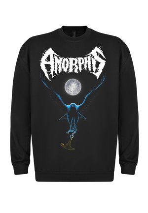 Sort sweatshirt med et grafisk design af en fugl, der holder en hammer, sat mod en stor måne. Teksten "Amorphis" er fremtrædende i hvid.