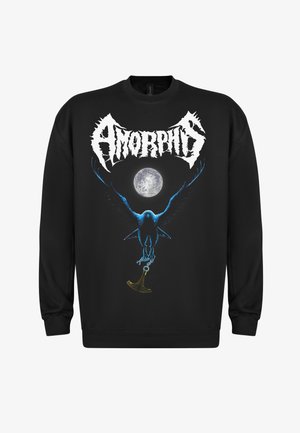 Svart hettegenser med grafisk design av en fugl som holder en hammer, satt mot en stor måne. Teksten "Amorphis" vises fremtredende i hvitt.