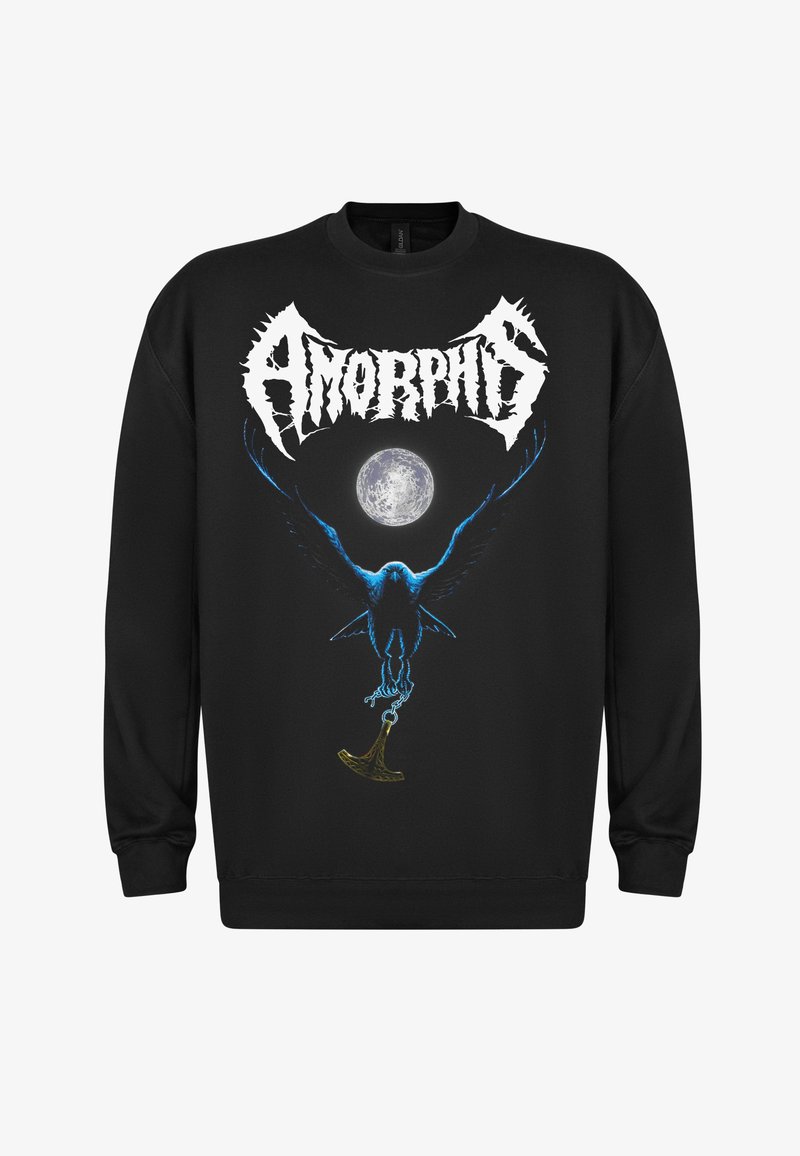 Svart hettegenser med grafisk design av en fugl som holder en hammer, satt mot en stor måne. Teksten "Amorphis" vises fremtredende i hvitt.