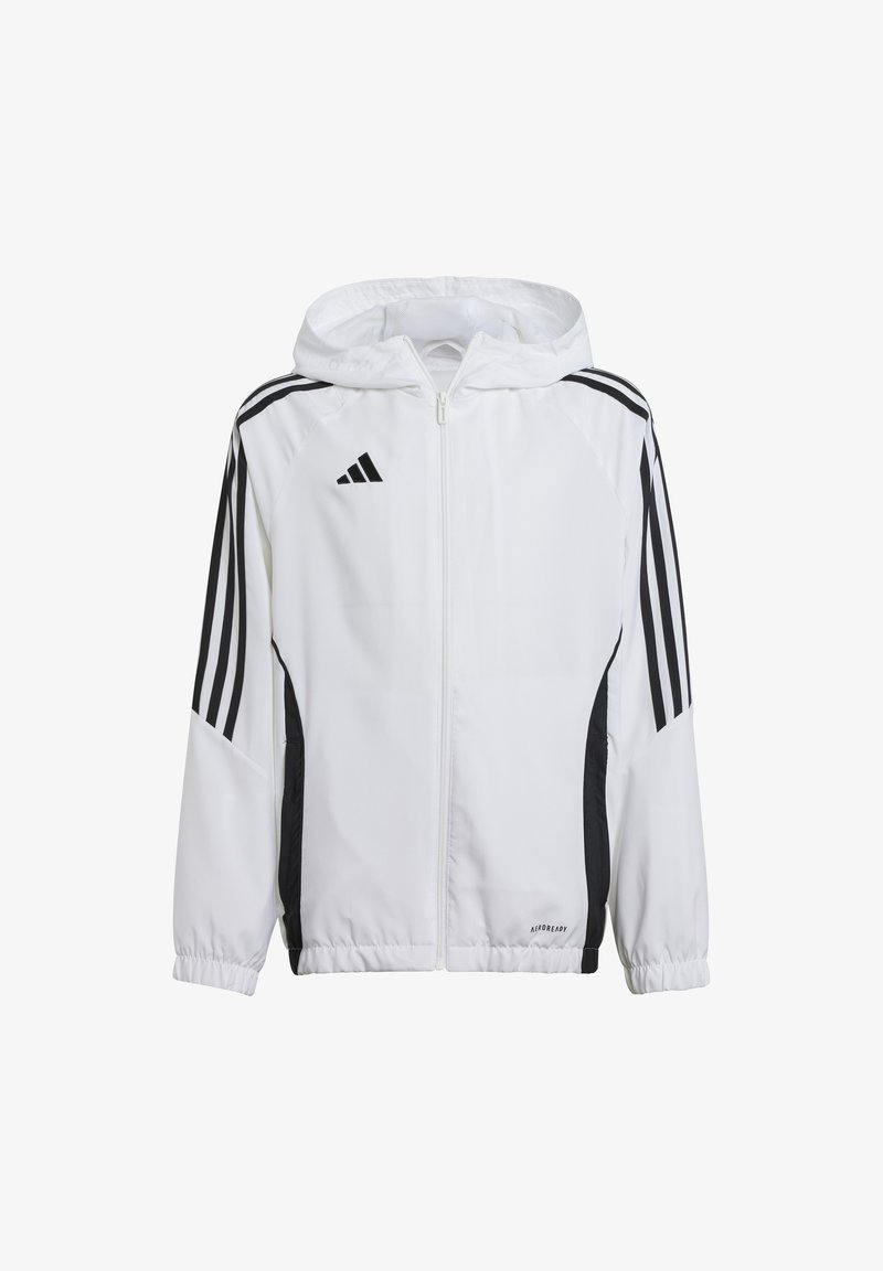 Weißer Sportjacke mit schwarzen Akzenten, ausgestattet mit Kapuze, durchgehendem Reißverschluss und drei schwarzen Streifen auf jeder Schulter, aus leichtem Stoff gefertigt.