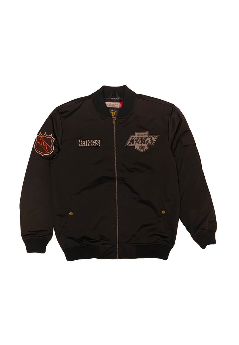 Black bomber jacket with embroidered logos, including "KINGS" and NHL shield. Features ribbed cuffs and waist, zip closure, and two side pockets.