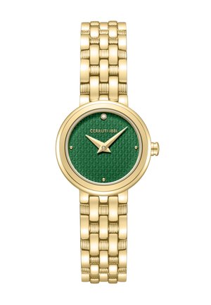 Montre-bracelet en métal doré avec cadran vert texturé, aiguilles dorées, marqueurs minimaux et nom de la marque "Cerruti 1881" sous 12 heures.