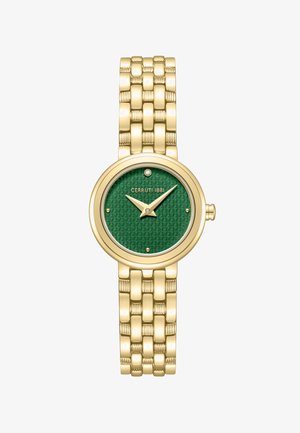 Montre-bracelet en métal doré avec cadran vert texturé, aiguilles dorées, marqueurs minimaux et nom de la marque "Cerruti 1881" sous 12 heures.