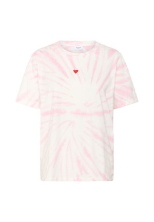 Vit bomulls t-shirt med rosa tie-dye mönster, som har ett litet rött hjärta broderat på bröstet. Kort ärm och rund halsringning.