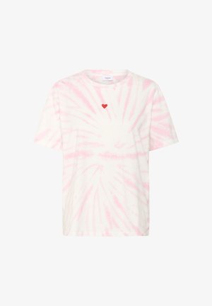 White cotton t-shirt with pink tie-dye pattern, featuring a small red heart embroidered on the chest. Short sleeves and crew neckline.