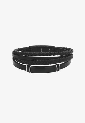 Bracciale nero a più fili con due bande intrecciate in pelle, una banda liscia in pelle e una chiusura in metallo nero con barra decorativa.