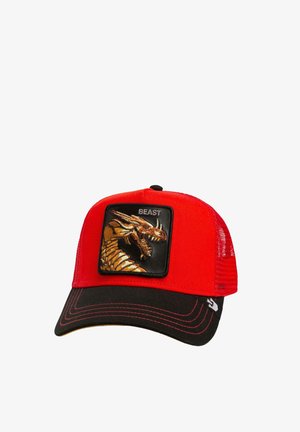 Rote Kappe mit schwarzem Netzrücken, mit einer goldenen und braunen Drachenstickerei auf einem schwarzen Patch. Schwarzer Schirm mit roten Nähdetails.