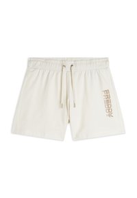 Pantalones cortos de un beige claro con cinturilla elástica y cordón ajustable. Presenta un logo impreso en el lateral en un color que contrasta. Material de algodón suave.