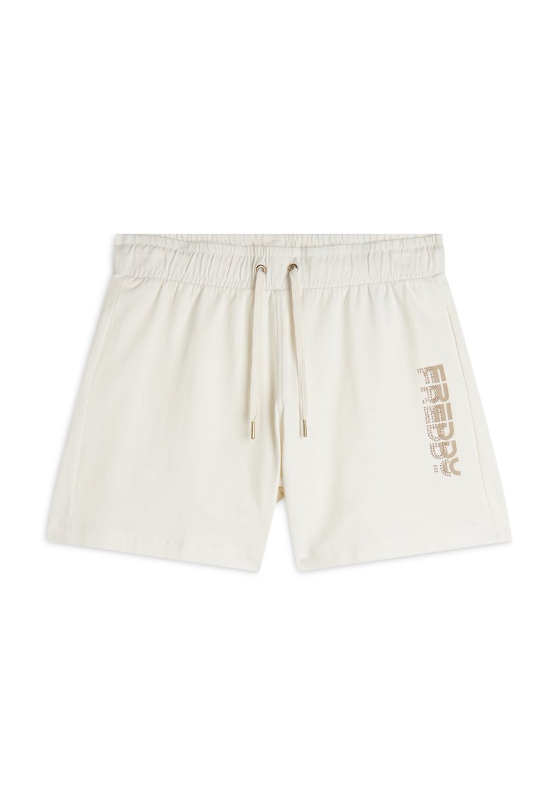 Pantalones cortos de un beige claro con cinturilla elástica y cordón ajustable. Presenta un logo impreso en el lateral en un color que contrasta. Material de algodón suave.