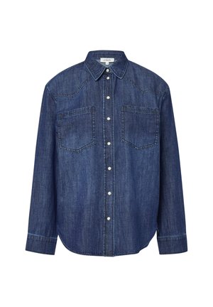 Dunkelblaues Denim-Hemd mit langen Ärmeln, spitzem Kragen, Knopfleiste vorne und zwei Brusttaschen.