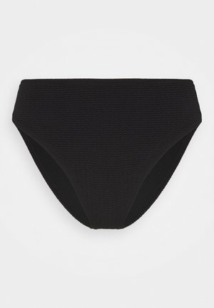 Black bikini bottom with textured, wavy pattern. High-waisted design with smooth edges, made from stretchable fabric for comfort.