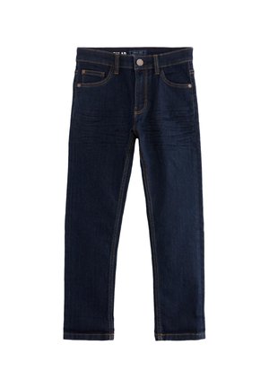 Mørkeblå denim jeans med forlommer, bæltestropper, knappelukning og kontrastsyninger, vist fladt på en hvid baggrund.