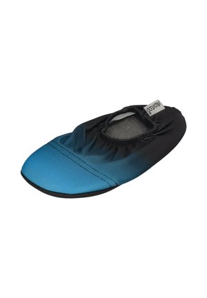 Flexible black and blue slip-on dance shoe with elastic opening and soft sole, labeled "studio loop" inside heel area.