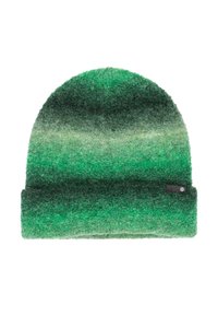 Gradientowy wełniany beanie w odcieniach zieleni i ciemnej zieleni z podwiniętym mankietem i małą czarną metką z logo po boku.
