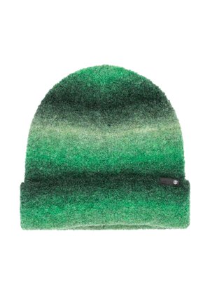 Gradientowy wełniany beanie w odcieniach zieleni i ciemnej zieleni z podwiniętym mankietem i małą czarną metką z logo po boku.
