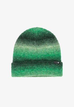 Groene en donkergroene gradient wolgebreide beanie met een omgevouwen manchet en een klein zwart logotag aan de zijkant.