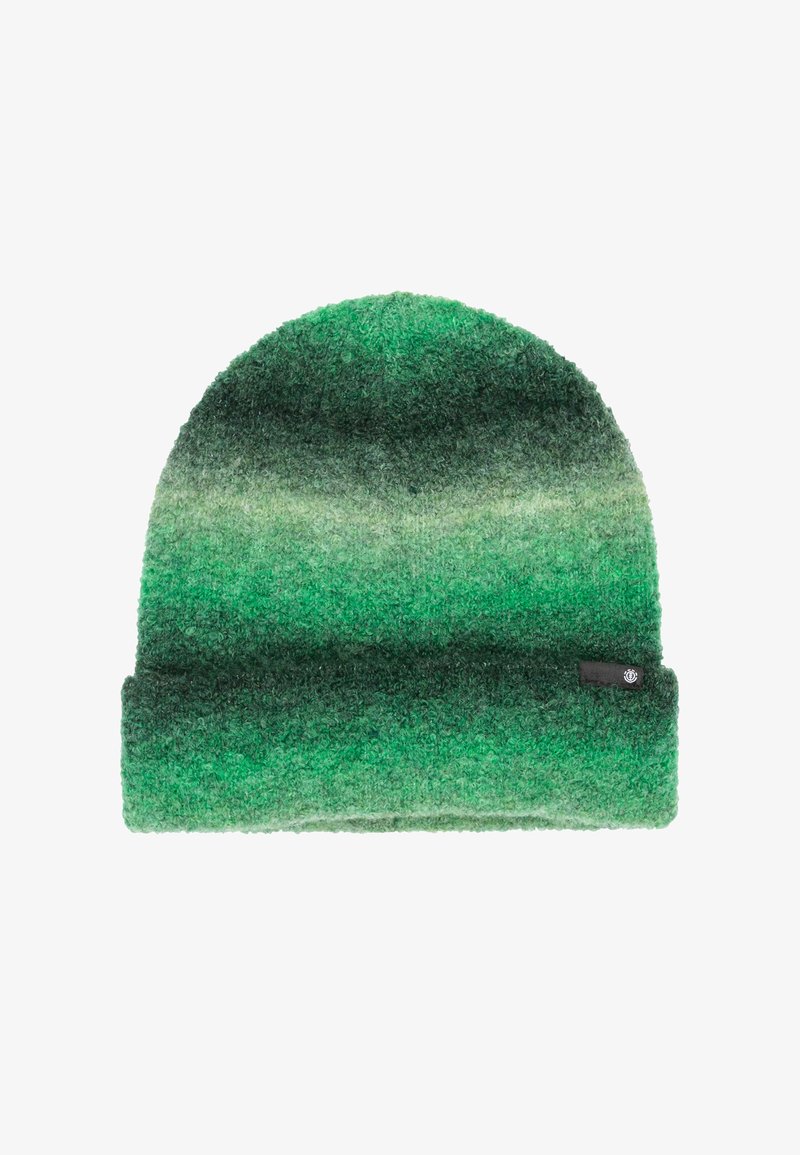 Green and dark green gradient woolen beanie with a folded cuff and a small black logo tag on the side.