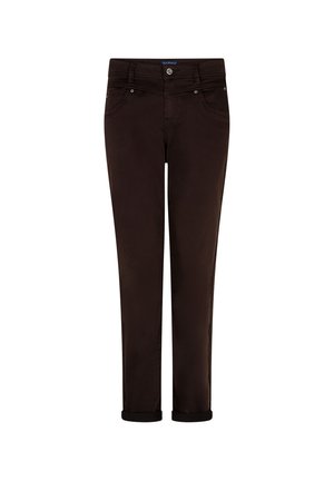 Mørkebrune slim fit bukser med forlommer, bæltestropper, knaplukning og opsmøgede kanter vist på en hvid baggrund.