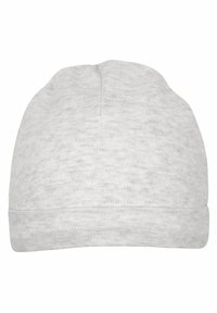 Lys grå strikket hue med en struktureret overflade, der har en rullet kant og en sømløs topdesign. Blødt stof for komfort.