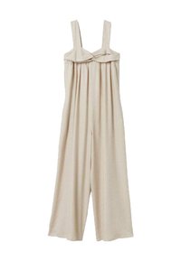 Combinaison beige avec un buste ajusté, jambes larges et design plissé. Fabriquée en tissu léger, avec des bretelles épaisses et une texture lisse.