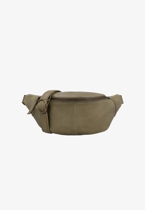 Olivgrüne Leder-Gürteltasche mit Reißverschluss und verstellbarem Riemen mit rundem Metallverschluss, vor einem weißen Hintergrund.