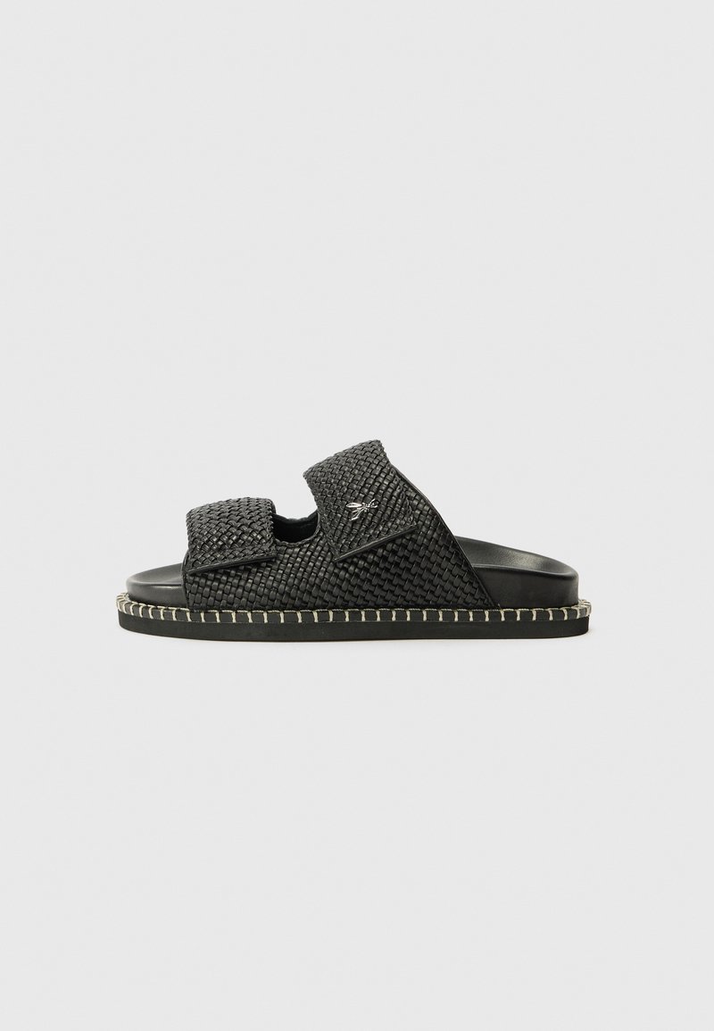 Black woven sandals featuring two adjustable straps, a smooth sole, and white stitching along the edge. Textured upper for added grip.