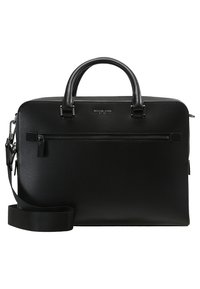 Sort Michael Kors lædermappe med to håndtag, frontlomme med lynlås og aftagelig skulderrem.